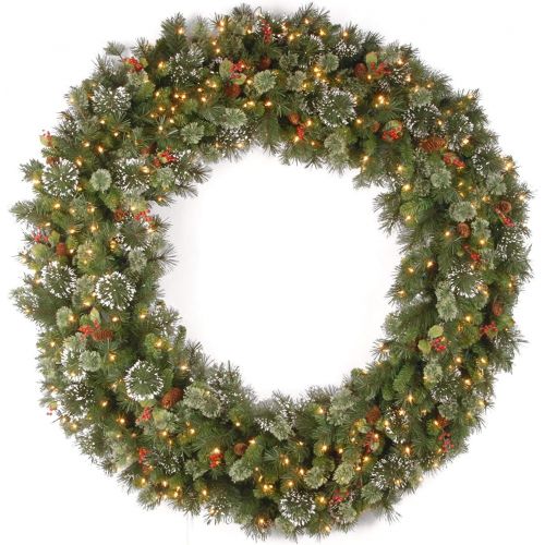  National Tree Company National Tree 60 Inch Wintry Pine Wreath with Cones, Red Berries, Snowflakes and 300 Clear Lights (WP1-300-60W)