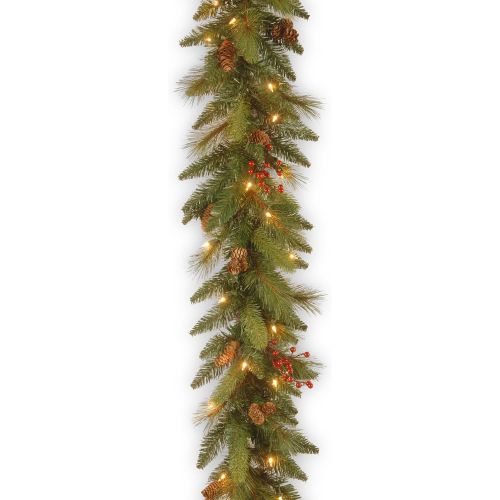  National Tree Company Pre-Lit Artificial Christmas Garland, Green, Evergreen, White Lights, Decorated With Pine Cones, Berry Clusters, Plug In, Christmas Collection, 9 Feet