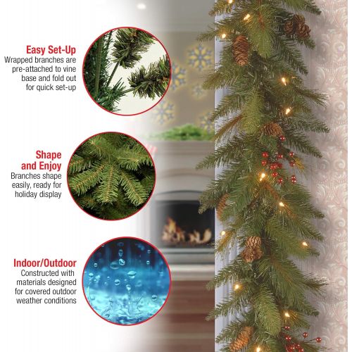  National Tree Company Pre-Lit Artificial Christmas Garland, Green, Evergreen, White Lights, Decorated With Pine Cones, Berry Clusters, Plug In, Christmas Collection, 9 Feet