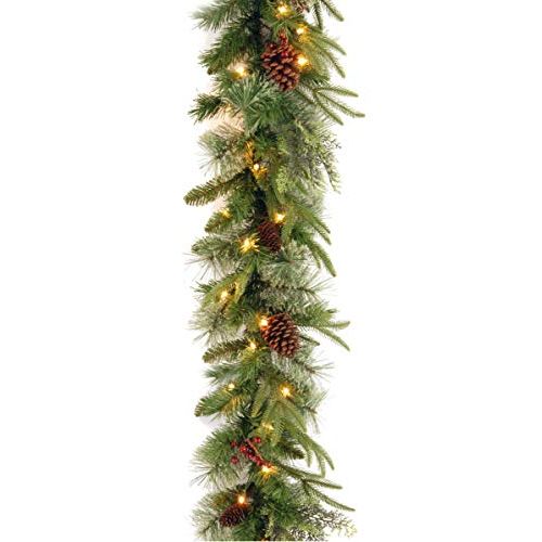  National Tree Company Pre-Lit Feel Real Artificial Christmas Garland, Green, Colonial Fir, Dual Color LED Lights, Decorated With Pine Cones, Plug In, Christmas Collection, 9 Feet