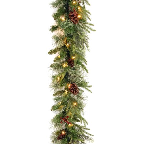  National Tree Company Pre-Lit Feel Real Artificial Christmas Garland, Green, Colonial Fir, Dual Color LED Lights, Decorated With Pine Cones, Plug In, Christmas Collection, 9 Feet