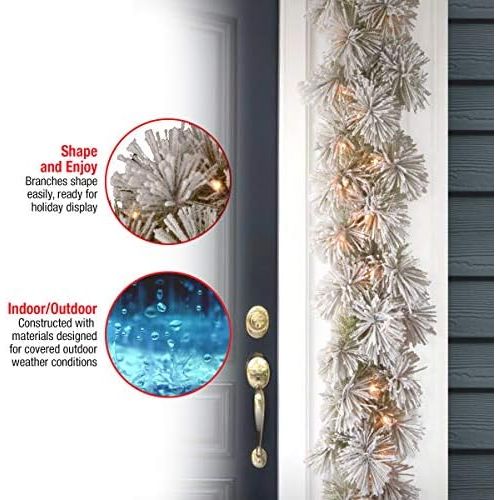  National Tree Company Pre-Lit Artificial Christmas Garland, Green, Glittery Bristle Pine, White Lights, Decorated With Frosted Branches, Plug In, Christmas Collection, 9 Feet