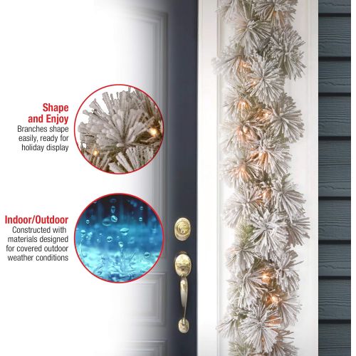  National Tree Company Pre-Lit Artificial Christmas Garland, Green, Glittery Bristle Pine, White Lights, Decorated With Frosted Branches, Plug In, Christmas Collection, 9 Feet