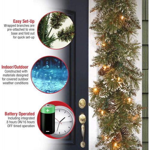  National Tree Company Pre-Lit Artificial Christmas Garland, Green, Glittery Bristle Pine, White Lights, Decorated with Pine Cones, Battery Operated, Christmas Collection, 9 Feet