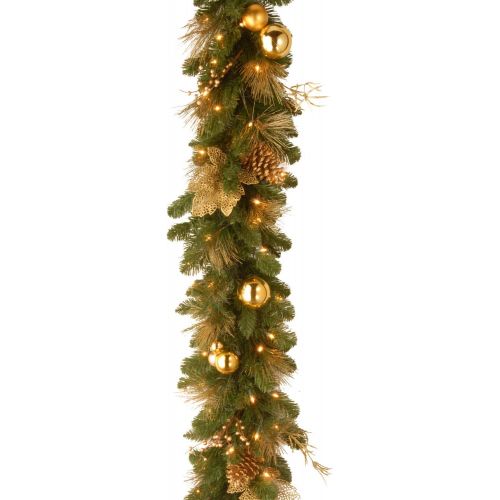  National Tree Company Pre-Lit Artificial Christmas Garland, Green, Evergreen, White Lights, Decorated With Ball Ornaments, Lace Leaves, Pine Cones, Battery Powered, Christmas Colle