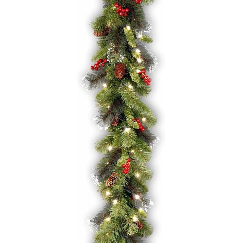  National Tree Company Pre-Lit Artificial Christmas Garland, Green, Crestwood Spruce, White Lights, Decorated with Pine Cones, Berry Clusters, Plug In, Christmas Collection, 9 Feet