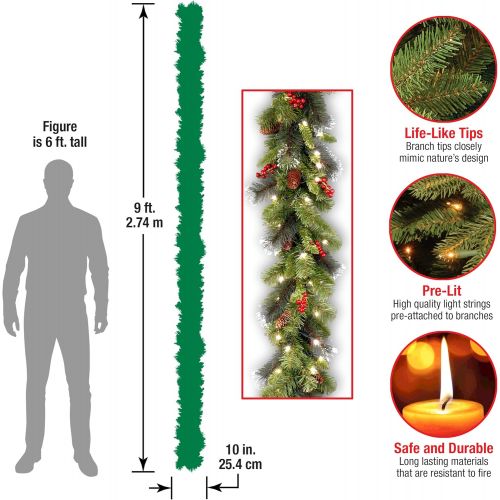  National Tree Company Pre-Lit Artificial Christmas Garland, Green, Crestwood Spruce, White Lights, Decorated with Pine Cones, Berry Clusters, Plug In, Christmas Collection, 9 Feet