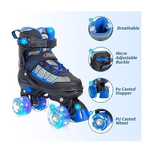  Nattork Roller Skates for Kids Boys Girls, 4 Size Adjustable Rollerskates with Light Up Wheels for Children Beginners for Outdoor Indoor