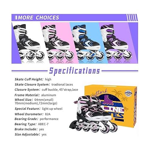  Nattork Inline Skates for Girls and Boys with Full Light up Wheels, Adjustable Beginner Roller Skates for Kids Youth Purple Pink Blue Black