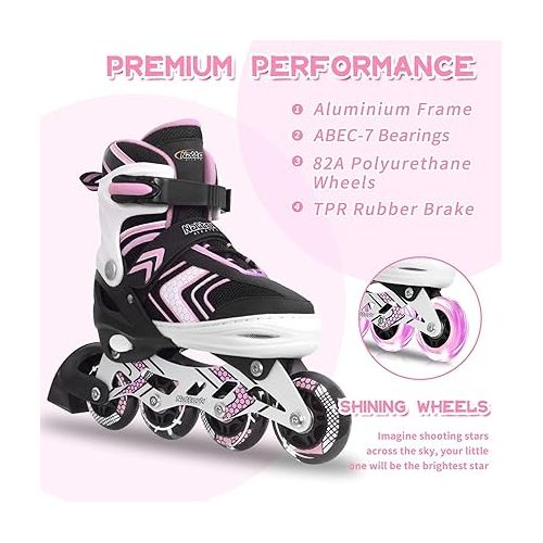  Nattork Inline Skates for Girls and Boys with Full Light up Wheels, Adjustable Beginner Roller Skates for Kids Youth Purple Pink Blue Black