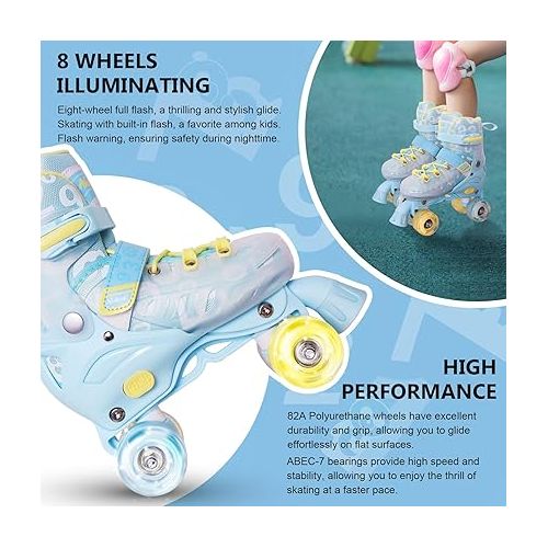  Nattork Kids Roller Skates, 4 Size Adjustable, All 8 Light up Wheels Roller Skates for Girls Boys Women, Fun Illuminating Rollerskates for Kids Ages 4-12, Beginners Sports