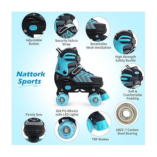  Nattork Kids Roller Skates for Boys & Girls, 4 Size Adjustable Rollerskates with Light Up Wheels for Teens Beginners Outdoor Sports, Birthday Gift for Toddler