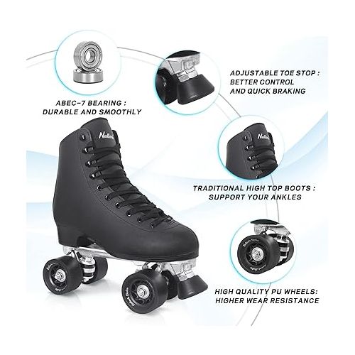  Nattork Roller Skates for Women, PU Leather High-top Quad Skates for Beginner, Indoor Outdoor 4 Wheels Double-Row Skates for Adults