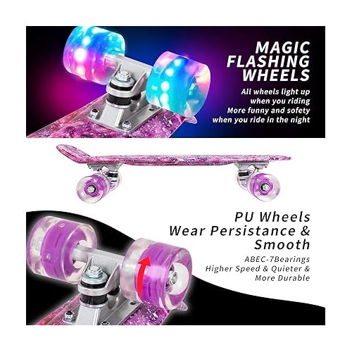  Nattork Skateboards 22 Inch Mini Cruiser Skateboard Complete Retro Skate Boards with Colorful Light Up Wheels for Kids Girls Boys Beginners