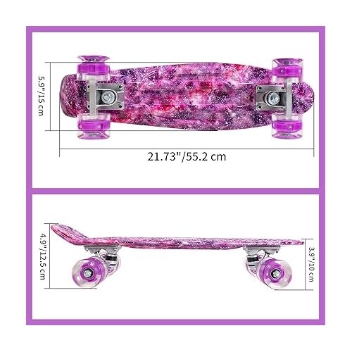  Nattork Skateboards 22 Inch Mini Cruiser Skateboard Complete Retro Skate Boards with Colorful Light Up Wheels for Kids Girls Boys Beginners