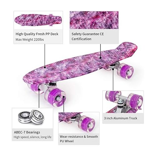  Nattork Skateboards 22 Inch Mini Cruiser Skateboard Complete Retro Skate Boards with Colorful Light Up Wheels for Kids Girls Boys Beginners