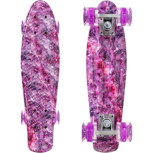  Nattork Skateboards 22 Inch Mini Cruiser Skateboard Complete Retro Skate Boards with Colorful Light Up Wheels for Kids Girls Boys Beginners