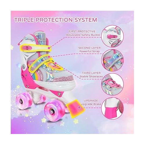  Nattork Girls Roller Skates for Kids, 4 Size Adjustable Rainbow Quad Skates with All Light Up Wheels - Best Birthday Gift for Outdoor Sports