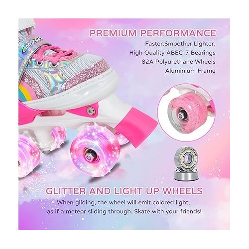  Nattork Girls Roller Skates for Kids, 4 Size Adjustable Rainbow Quad Skates with All Light Up Wheels - Best Birthday Gift for Outdoor Sports