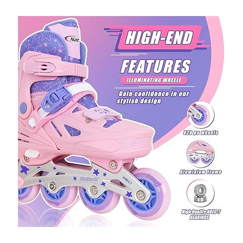  Nattork Inline Skates for Girls and Boys Kids, 4 Sizes Adjustable Inline Skates with Light up Wheels, Illuminating Beginner Roller Skates for Kids & Adult Youth