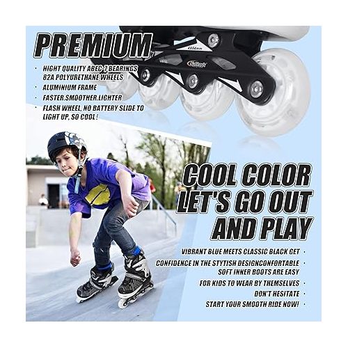  Nattork Adjustable Inline Skates for Kids Boys & Girls, Blue Black Red with Light up Wheels, Youth Blade Roller Skating for Beginners Ages 3-15