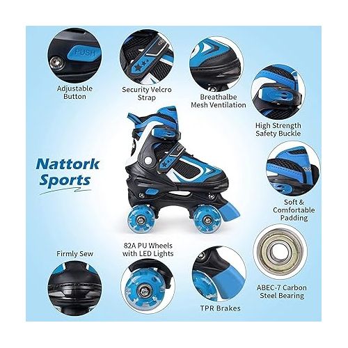  Nattork Kids Roller Skates for Boys Girls Kids, 4 Sizes Adjustable Quad Skates with All Light up Wheels - Birthday Gift for Indoor Outdoor Sports