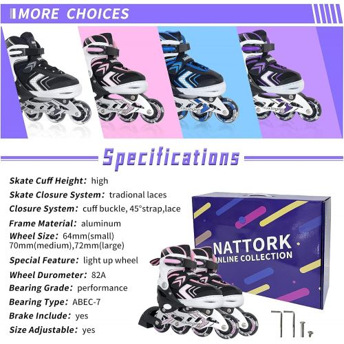  Nattork Adjustable Inline Skates for Kids and Youth with Full Light Up Wheels,Fun Illuminating Beginner Roller Blades/ Skates for Girls, Boys