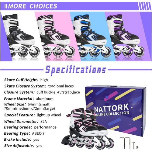  Nattork Adjustable Inline Skates for Kids and Youth with Full Light Up Wheels,Fun Illuminating Beginner Roller Blades/ Skates for Girls, Boys