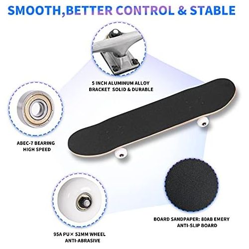  Nattork Skateboard Beginner Skateboards 31Inch Complete Skateboard 9 Layer Canadian Maple Double Kick Deck Concave Cruiser Trick Skate Boards for Kids Youth Teens