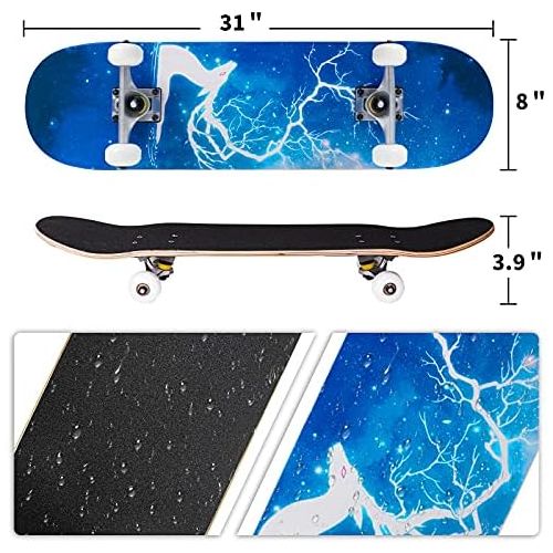  Nattork Skateboard Beginner Skateboards 31Inch Complete Skateboard 9 Layer Canadian Maple Double Kick Deck Concave Cruiser Trick Skate Boards for Kids Youth Teens