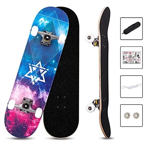  Nattork Skateboard Beginner Skateboards 31Inch Complete Skateboard 9 Layer Canadian Maple Double Kick Deck Concave Cruiser Trick Skate Boards for Kids Youth Teens