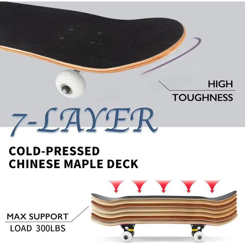  Nattork Skateboard Beginner Skateboards 31Inch Complete Skateboard 9 Layer Canadian Maple Double Kick Deck Concave Cruiser Trick Skate Boards for Kids Youth Teens