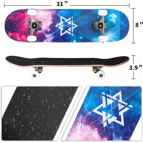  Nattork Skateboard Beginner Skateboards 31Inch Complete Skateboard 9 Layer Canadian Maple Double Kick Deck Concave Cruiser Trick Skate Boards for Kids Youth Teens