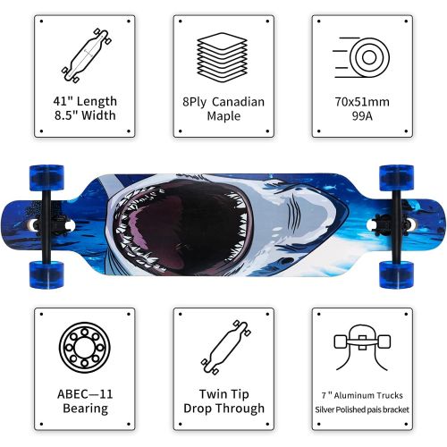  Nattork 41*9 inch Longboard Skateboard Long Board Deck 8 Ply Canadian Maple for Adults Teens Kids