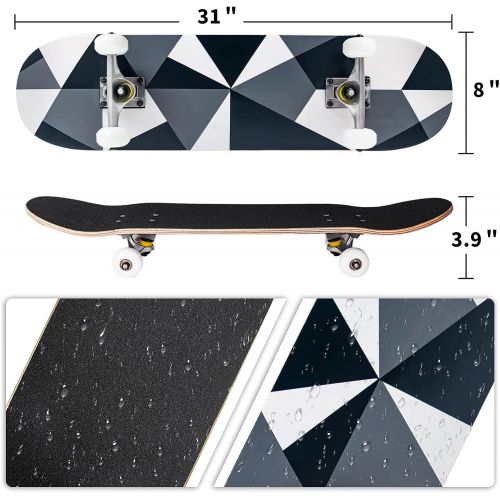  Nattork Skateboard Beginner Skateboards 31Inch Complete Skateboard 9 Layer Canadian Maple Double Kick Deck Concave Cruiser Trick Skate Boards for Kids Youth Teens