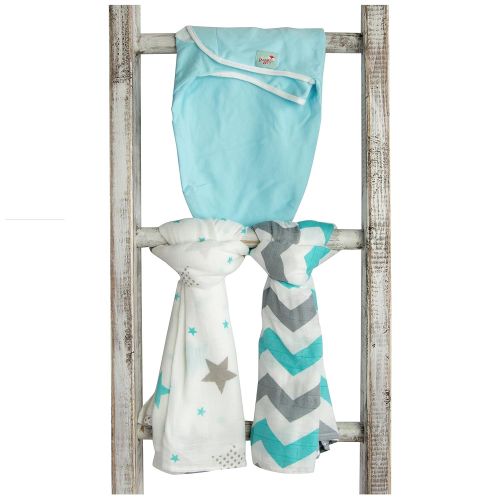  Natural Snuggles Newborn Bamboo Swaddle Wraps | Baby Blankets 3 pk: Wrap & Two Bamboo Muslin Square Receiving Blankets to Help Infants Sleep Soundly- Light Blue & Grey Stripes & Stars - Baby Shower