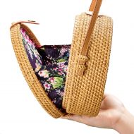 NaturalNeo Handwoven Round Rattan Bag Shoulder Leather Straps Natural Chic Hand NATURALNEO