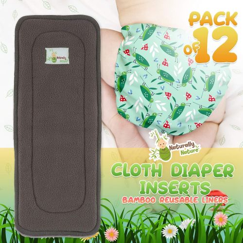  [아마존베스트]Naturally Natures Cloth Diaper Inserts 5 Layer Charcoal Bamboo Reusable Liners - Insert - for Cloth Diapers (Pack of 12) (Grey)