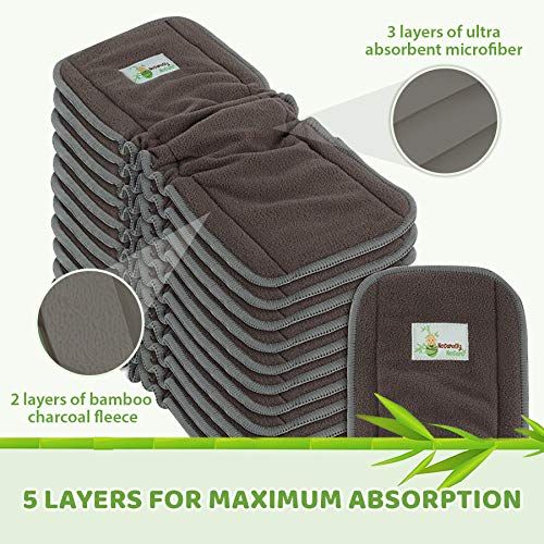  Naturally Natures Cloth Diaper Inserts 5 Layer - Insert - Charcoal Bamboo Reusable Diaper Liners with Gussets (Pack of 12)