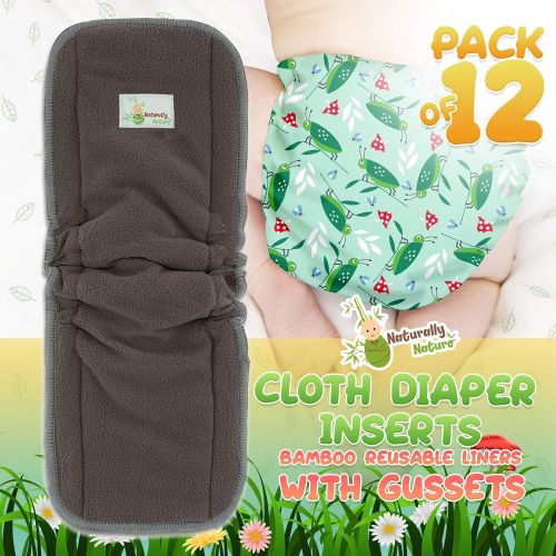  Naturally Natures Cloth Diaper Inserts 5 Layer - Insert - Charcoal Bamboo Reusable Diaper Liners with Gussets (Pack of 12)