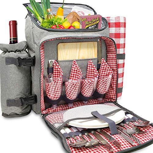  Nature Gear XL Picnic Backpack - Classic 4 Person Insulated Design - Waterproof Blanket and Full Cutlery Set Red