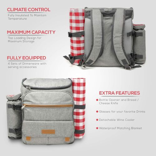  Nature Gear XL Picnic Backpack - Classic 4 Person Insulated Design - Waterproof Blanket and Full Cutlery Set Red