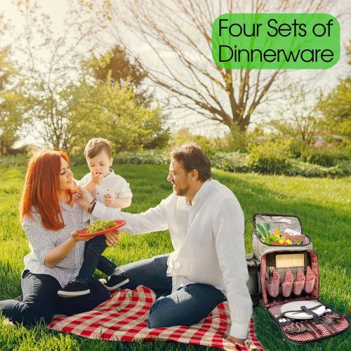  Nature Gear XL Picnic Backpack - Classic 4 Person Insulated Design - Waterproof Blanket and Full Cutlery Set Red