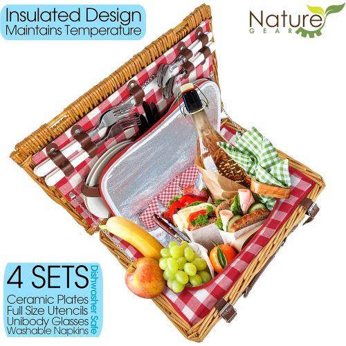  Nature Gear Upgraded 4 Person XL Picnic Basket (4 Person, Red & White)