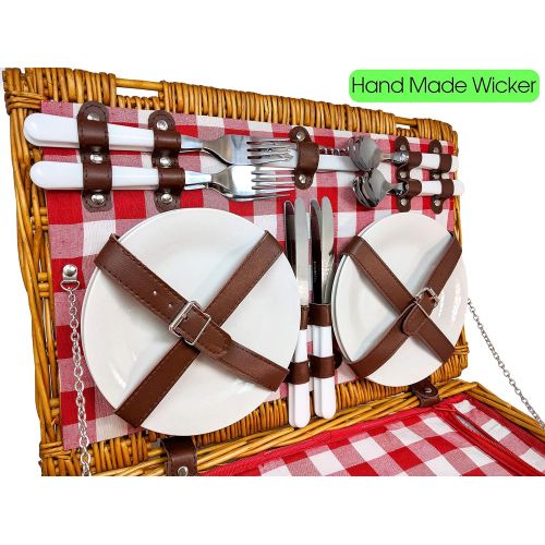  Nature Gear Upgraded 4 Person XL Picnic Basket (4 Person, Red & White)