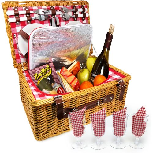  Nature Gear Upgraded 4 Person XL Picnic Basket (4 Person, Red & White)