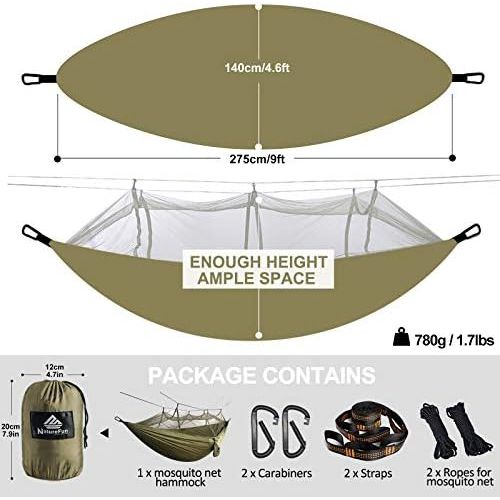  NATUREFUN Ultraleichte Moskito Netz Camping Hangematte 300kg Tragfahigkeit,(275 x 140 cm) Atmungsaktiv, schnell trocknende Fallschirm Nylon Enthalten 2 x Premium Karabinerhaken 4 x