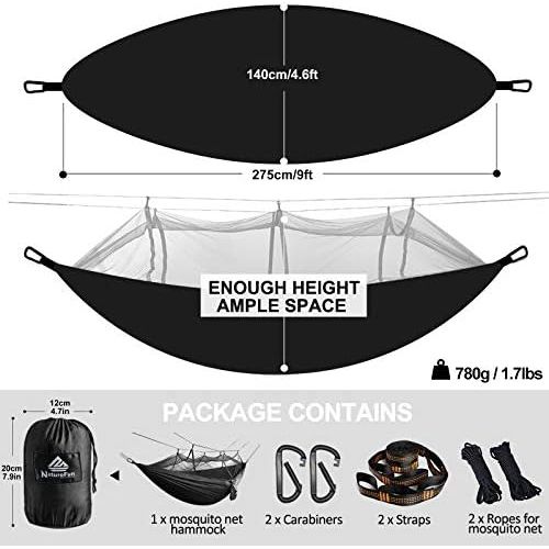  NATUREFUN Ultraleichte Moskito Netz Camping Hangematte 300kg Tragfahigkeit,(275 x 140 cm) Atmungsaktiv, schnell trocknende Fallschirm Nylon Enthalten 2 x Premium Karabinerhaken 4 x