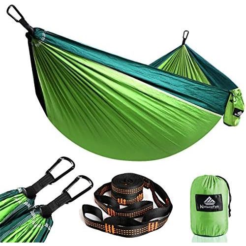  NatureFun Ultraleichte Reise Camping Hangematte | 300kg Tragkraft, (275 x 140 cm) Atmungsaktiv, Schnelltrocknendes Fallschirm Nylon | 2 x Premium Karabiner, 2 x Nylon-Schlingen Inb