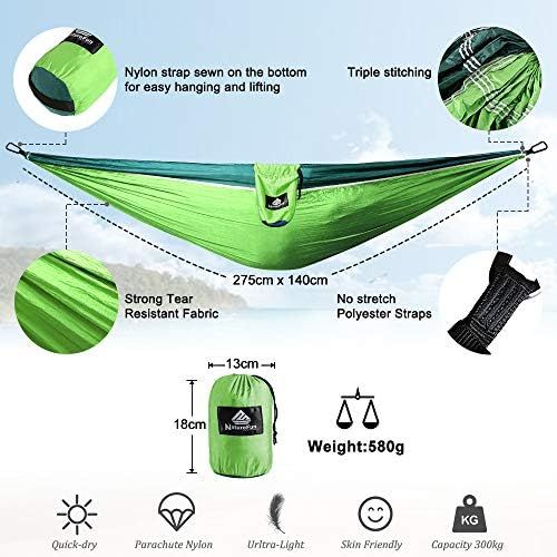  NatureFun Ultraleichte Reise Camping Hangematte | 300kg Tragkraft, (275 x 140 cm) Atmungsaktiv, Schnelltrocknendes Fallschirm Nylon | 2 x Premium Karabiner, 2 x Nylon-Schlingen Inb